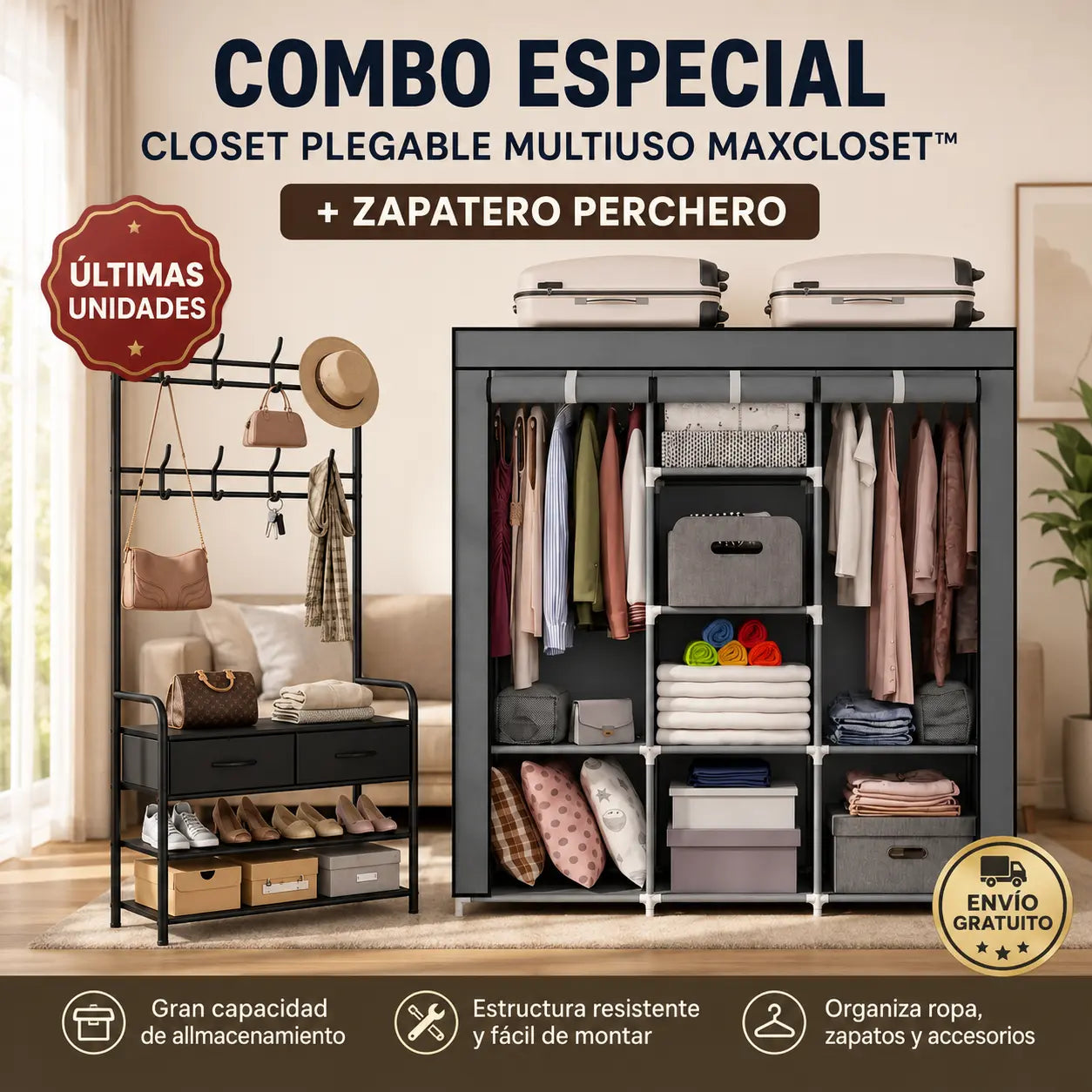 Closet Plegable Multiuso MaxCloset + Zapatero Perchero [ÚLTIMAS UNIDADES]